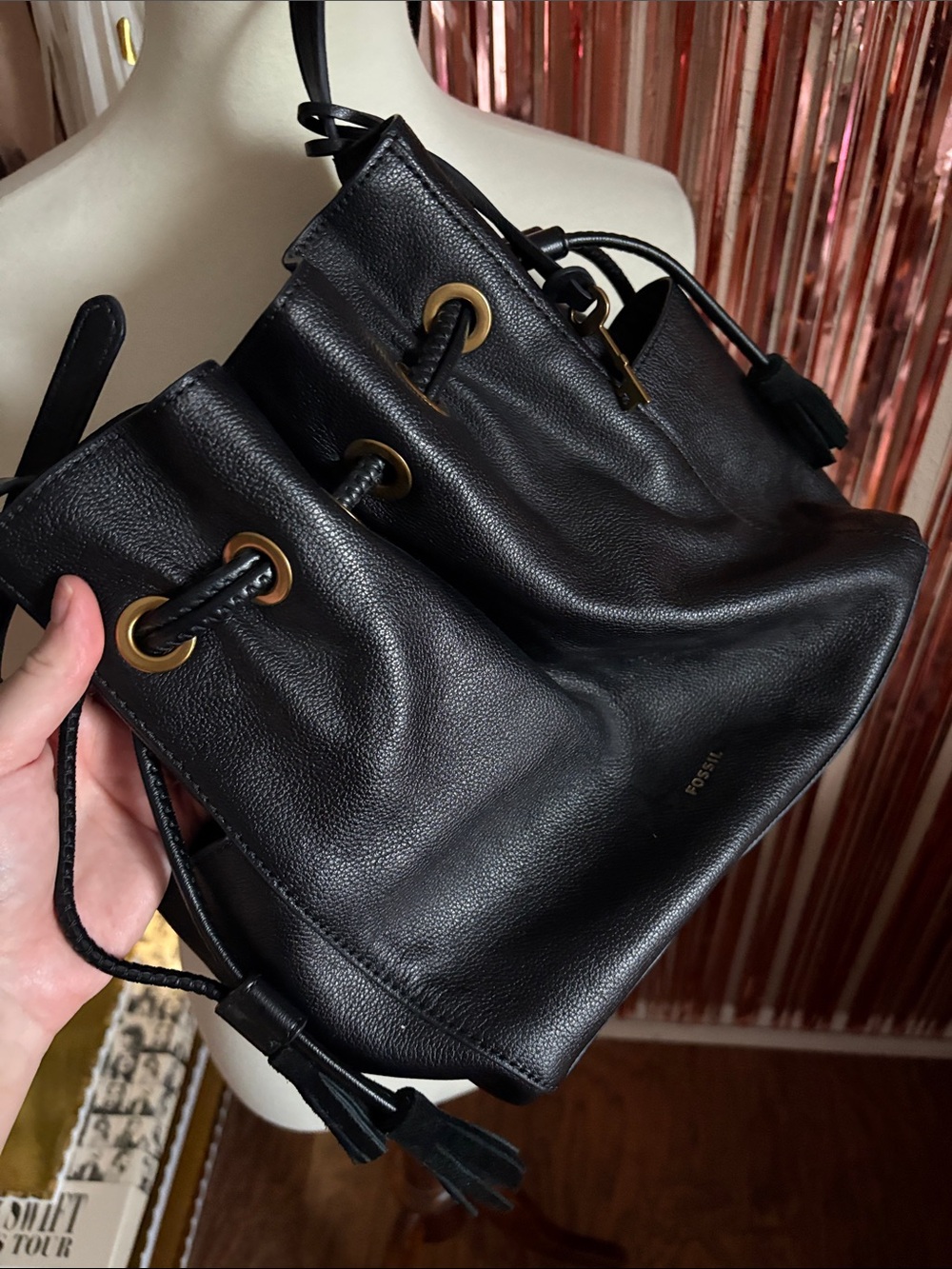 Fossil Black Pebbled Leather Drawstring Crossbody Bag with Gold Hardware